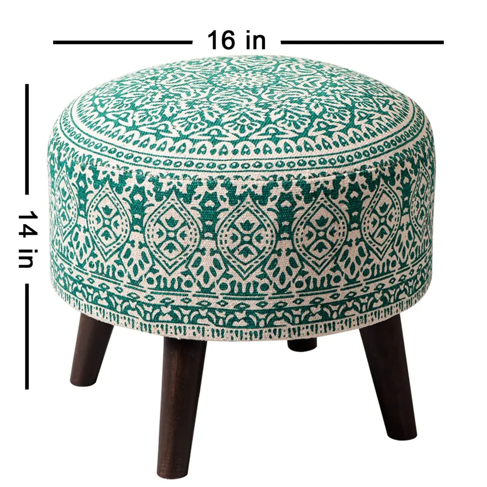 Dark Green Ethnic Print Round Upholstered Ottoman Wood Stool