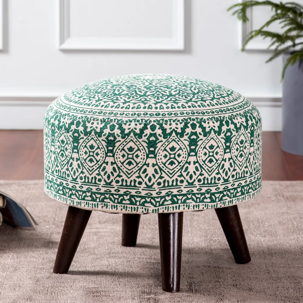 Dark Green Ethnic Print Round Upholstered Ottoman Wood Stool