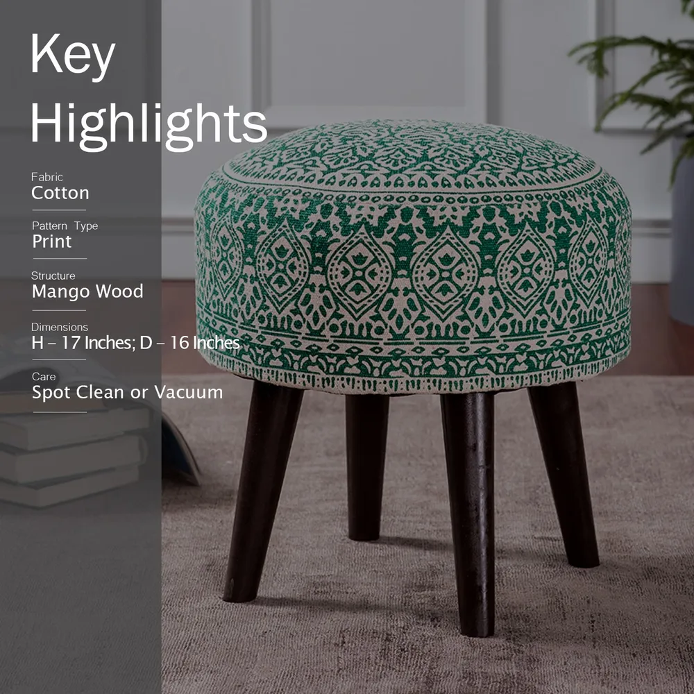 Dark Green Ethnic Print Round Upholstered Ottoman Wood Stool Set Of 2