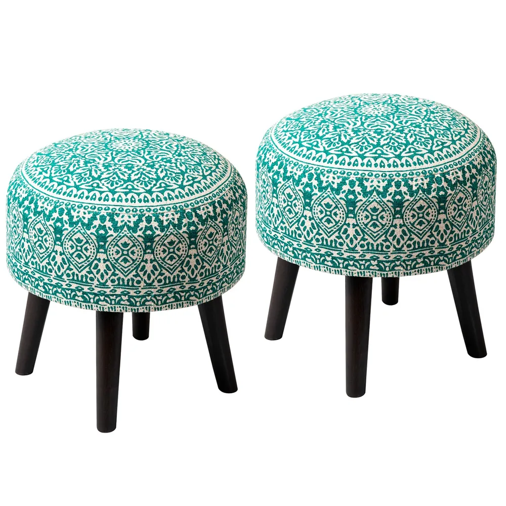 Dark Green Ethnic Print Round Upholstered Ottoman Wood Stool Set Of 2