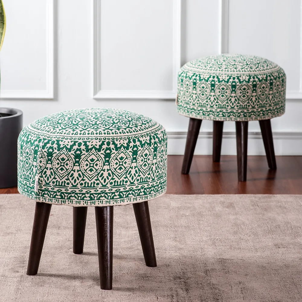 Dark Green Ethnic Print Round Upholstered Ottoman Wood Stool Set Of 2