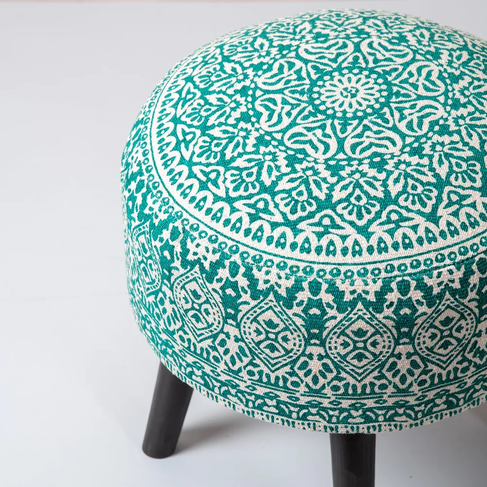 Dark Green Ethnic Print Round Upholstered Ottoman Wood Stool Set Of 2