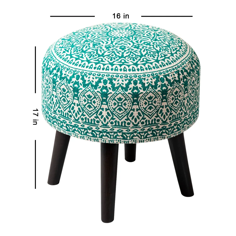 Dark Green Ethnic Print Round Upholstered Ottoman Wood Stool Set Of 2