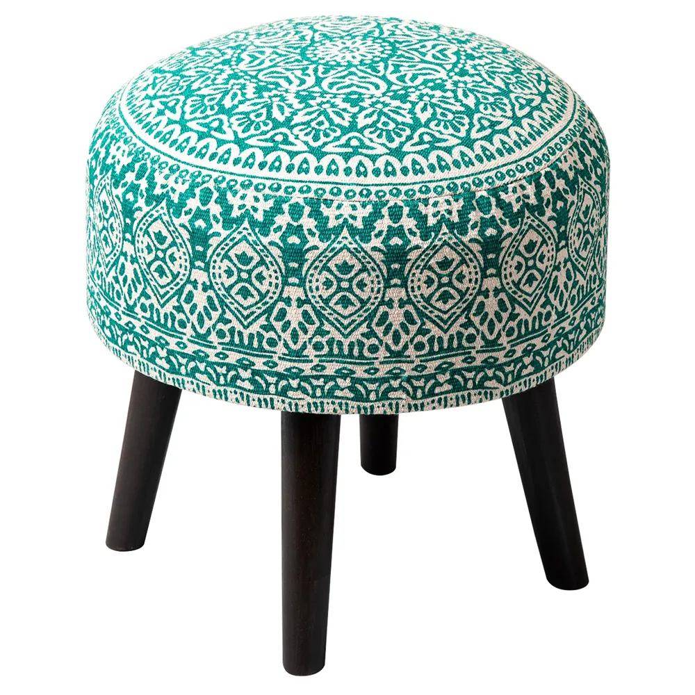 Dark Green Ethnic Print Round Upholstered Ottoman Wood Stool Set Of 2