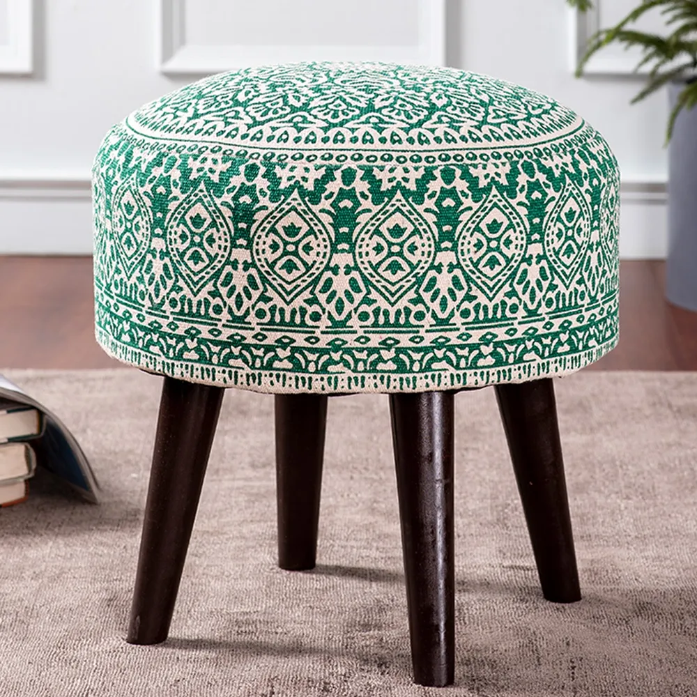 Dark Green Ethnic Print Round Upholstered Ottoman Wood Stool Set Of 2