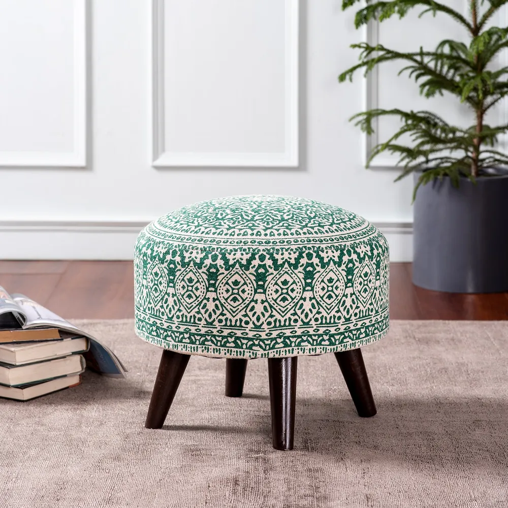 Dark Green Ethnic Print Round Upholstered Wood Stool Set Of 2