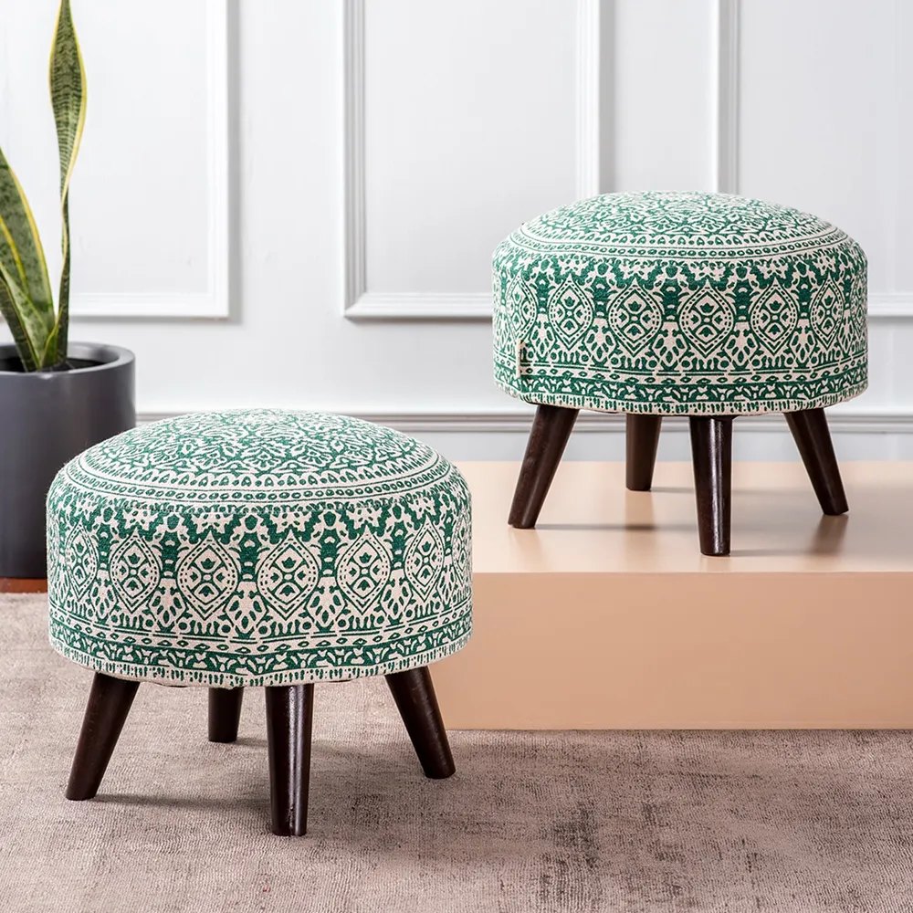 Dark Green Ethnic Print Round Upholstered Wood Stool Set Of 2
