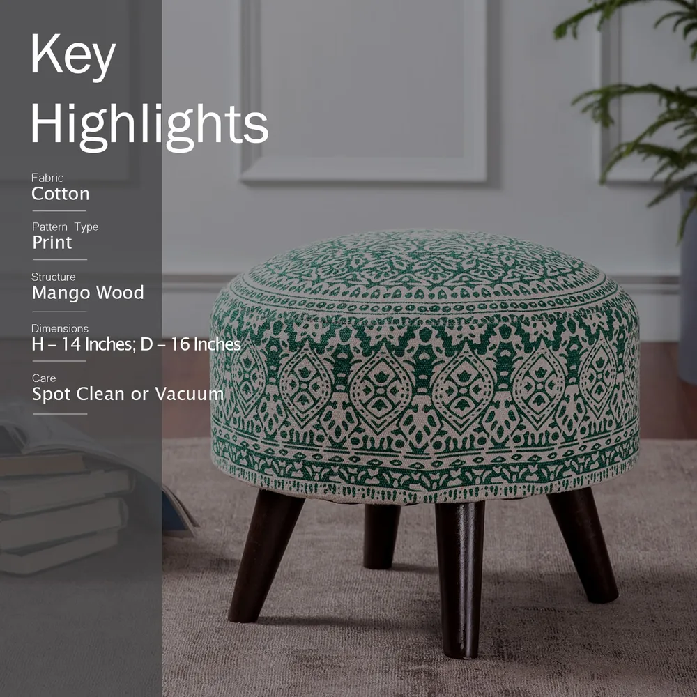 Dark Green Ethnic Print Round Upholstered Wood Stool Set Of 2