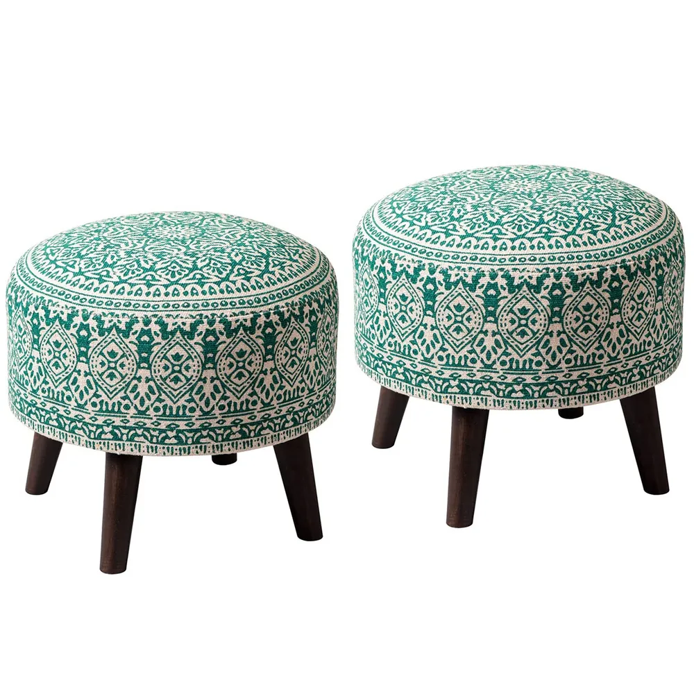 Dark Green Ethnic Print Round Upholstered Wood Stool Set Of 2