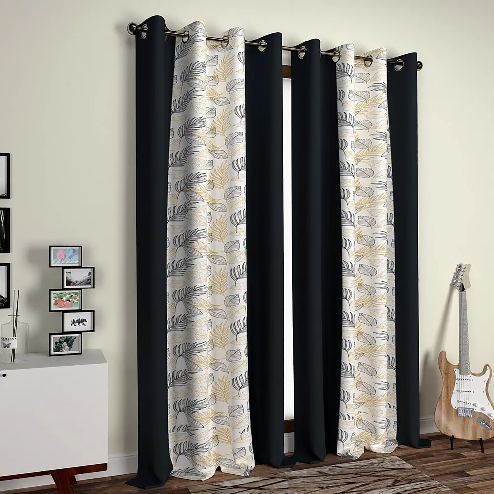 Dark Grey Floral Designer Layered Window Curtain