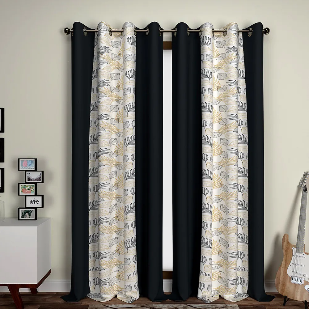 Dark Grey Floral Designer Layered Window Curtain
