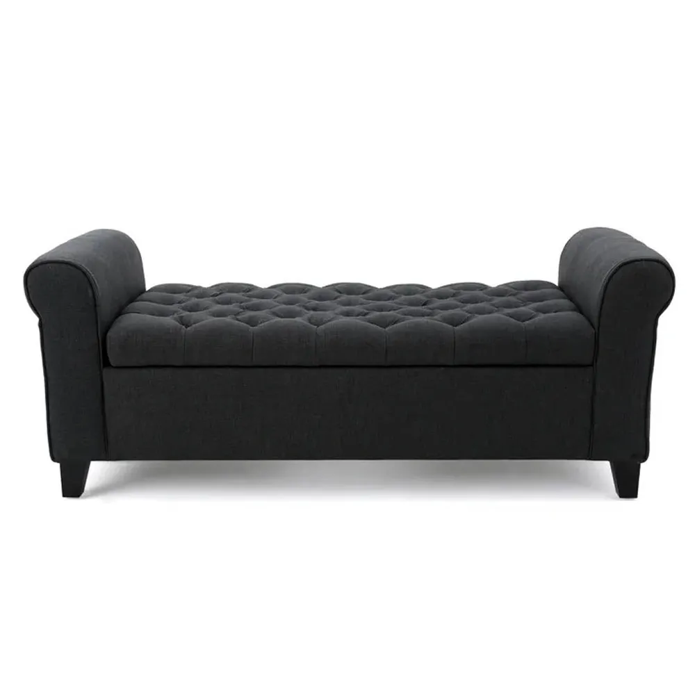 Dark Grey Resilient & Super Soft Luxurious Tufted Velvet Flip Top Storage Bench With Rolled Arms