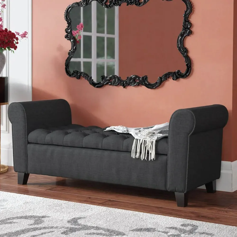 Dark Grey Resilient & Super Soft Luxurious Tufted Velvet Flip Top Storage Bench With Rolled Arms