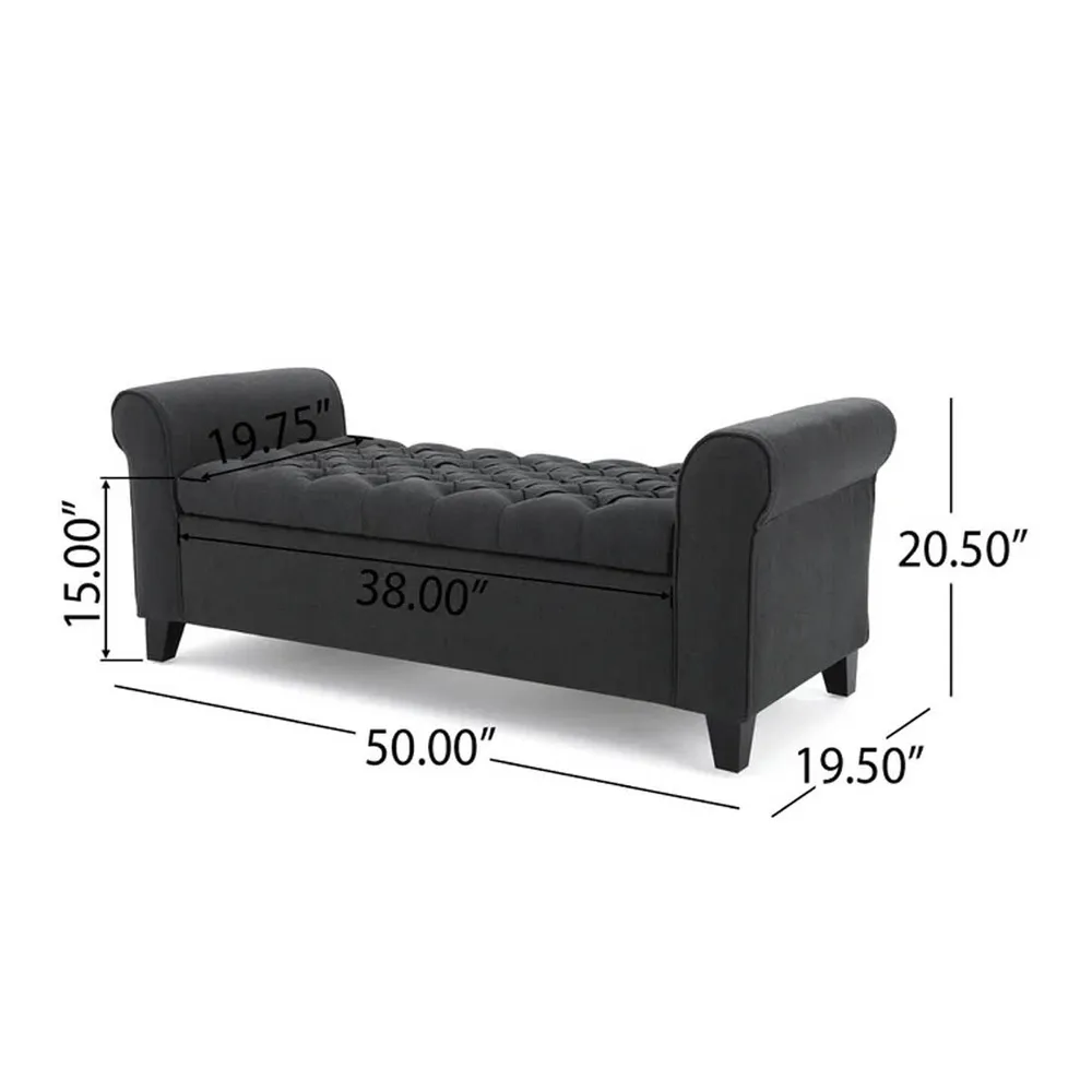 Dark Grey Resilient & Super Soft Luxurious Tufted Velvet Flip Top Storage Bench With Rolled Arms