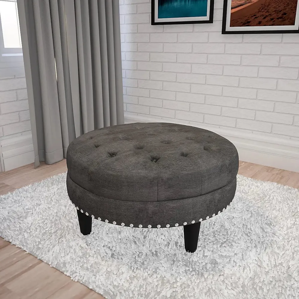 Dark Grey Round-Shaped Premium Quality Pouffe Stool