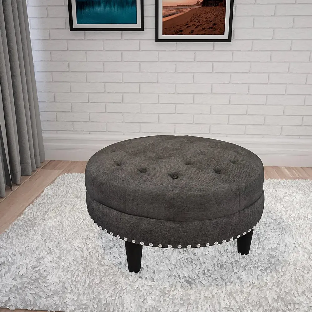 Dark Grey Round-Shaped Premium Quality Pouffe Stool