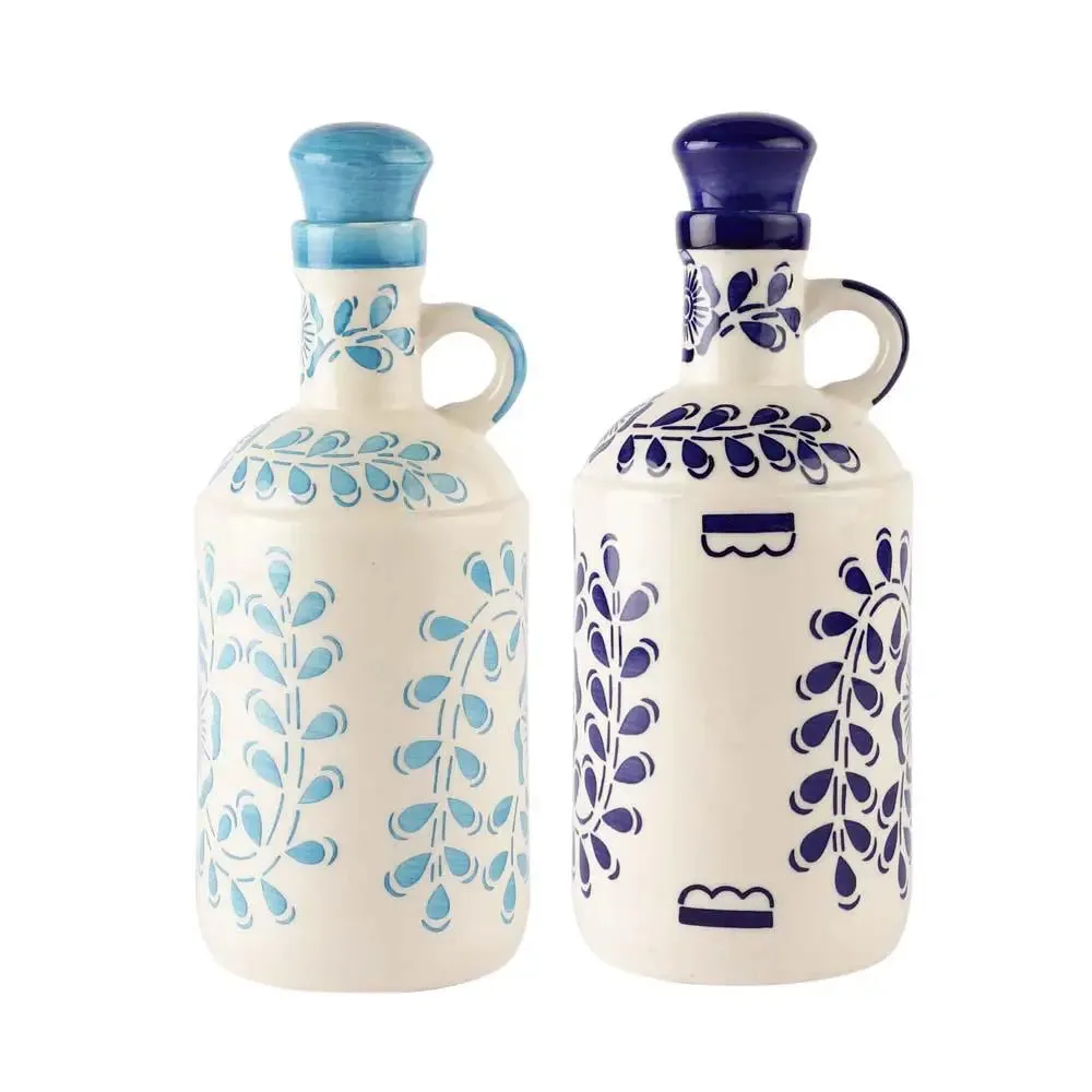 Dark & Light Blue Floral Handpainted Ceramic Oil Dispenser Set Of 2