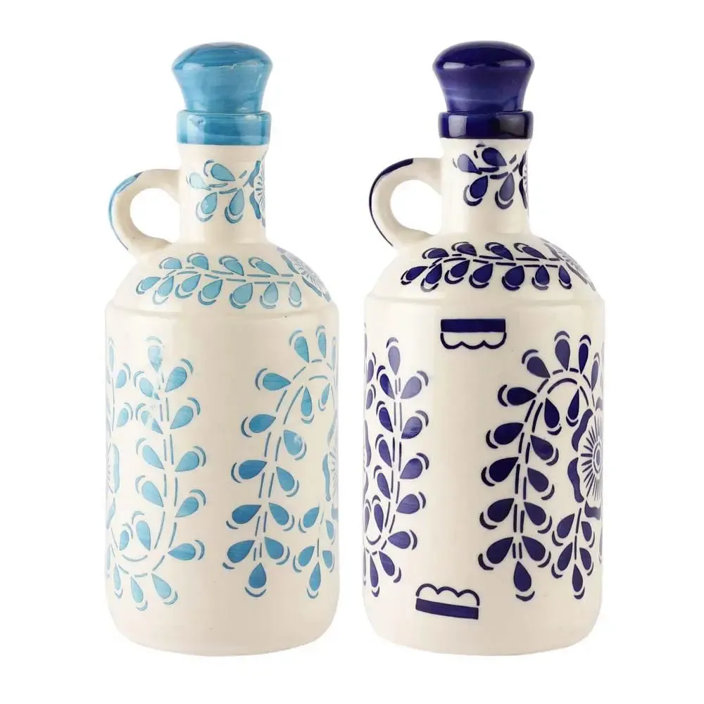 Dark & Light Blue Floral Handpainted Ceramic Oil Dispenser Set Of 2