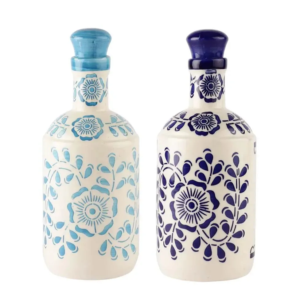 Dark & Light Blue Floral Handpainted Ceramic Oil Dispenser Set Of 2