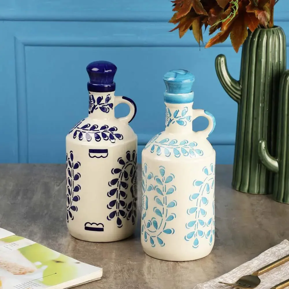 Dark & Light Blue Floral Handpainted Ceramic Oil Dispenser Set Of 2