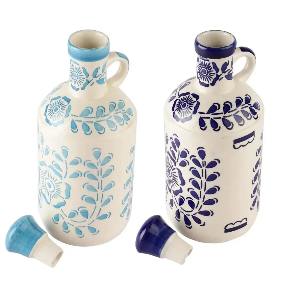 Dark & Light Blue Floral Handpainted Ceramic Oil Dispenser Set Of 2