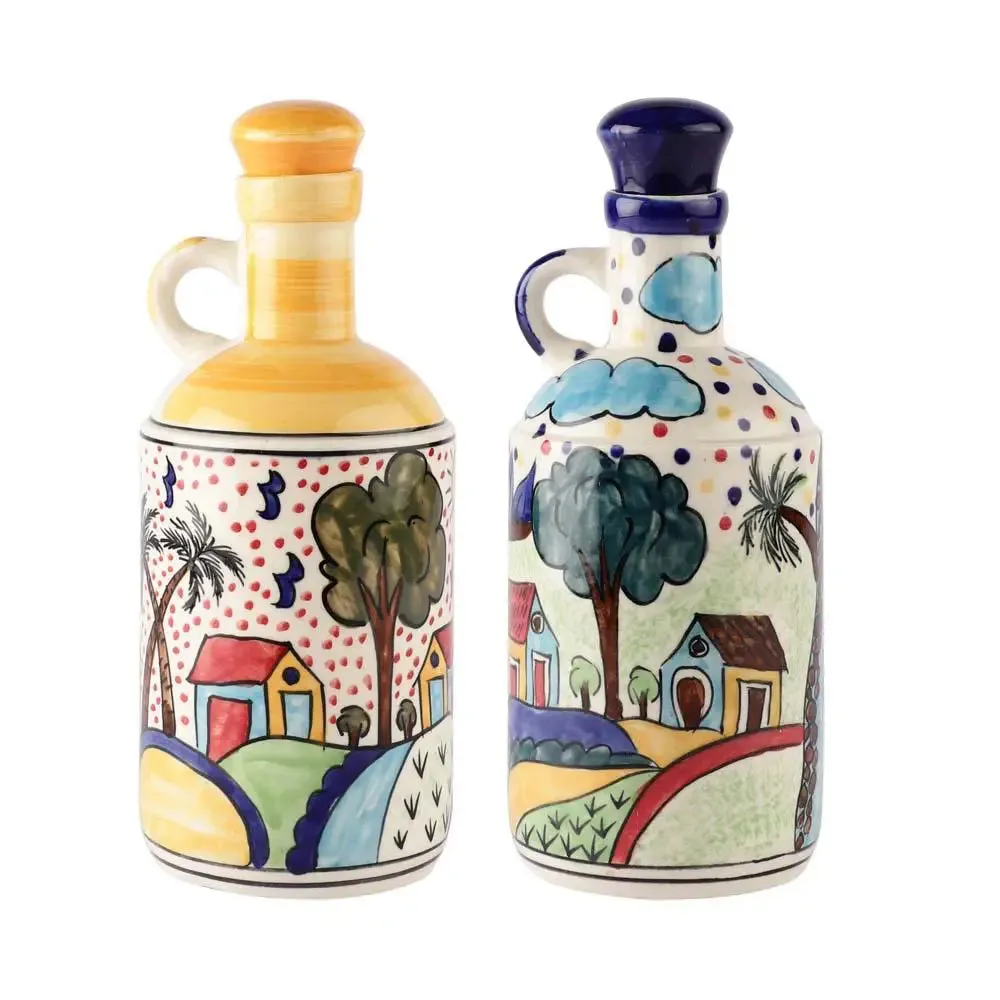 Dark & Light Blue Traditional Art Handpainted Ceramic Oil Dispenser Set Of 2