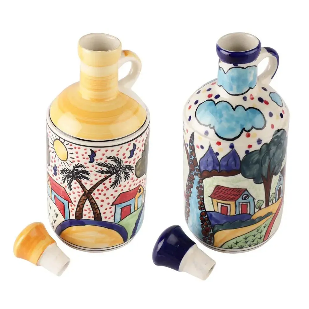 Dark & Light Blue Traditional Art Handpainted Ceramic Oil Dispenser Set Of 2