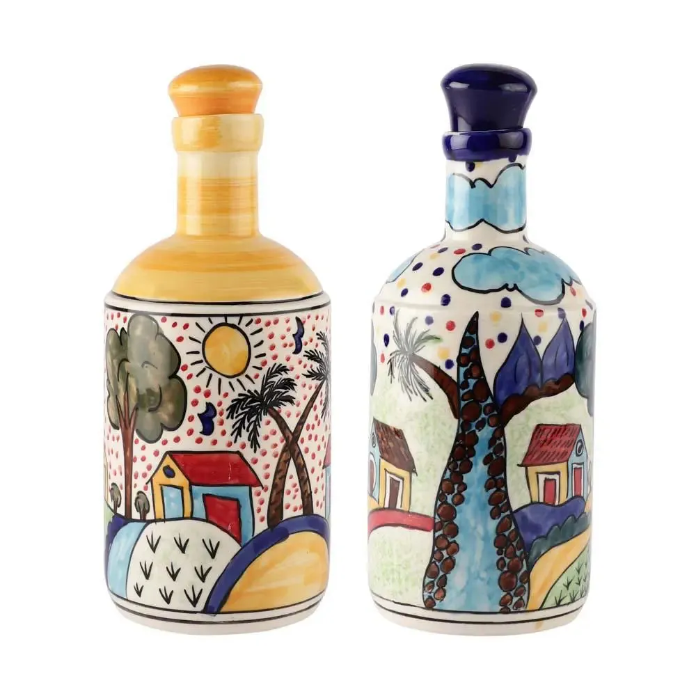 Dark & Light Blue Traditional Art Handpainted Ceramic Oil Dispenser Set Of 2