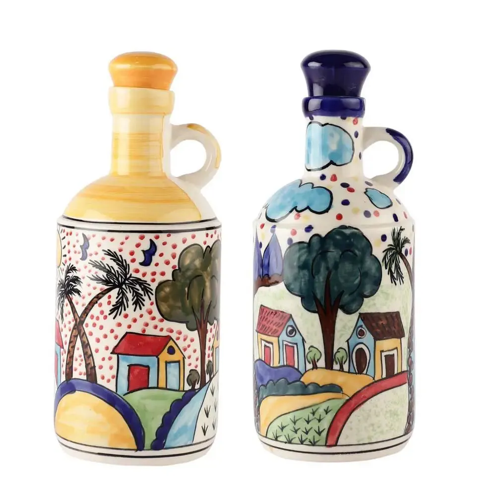 Dark & Light Blue Traditional Art Handpainted Ceramic Oil Dispenser Set Of 2