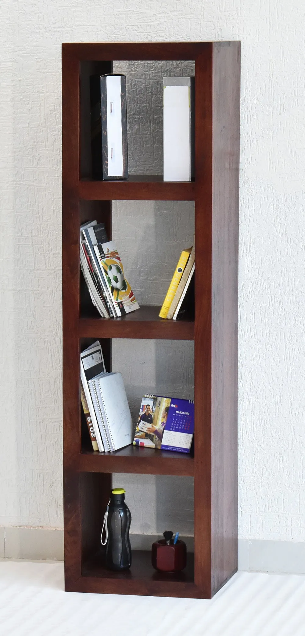 Dark Red Mahagony Wood Multipurpose Four Compartment Floor Bookshelf