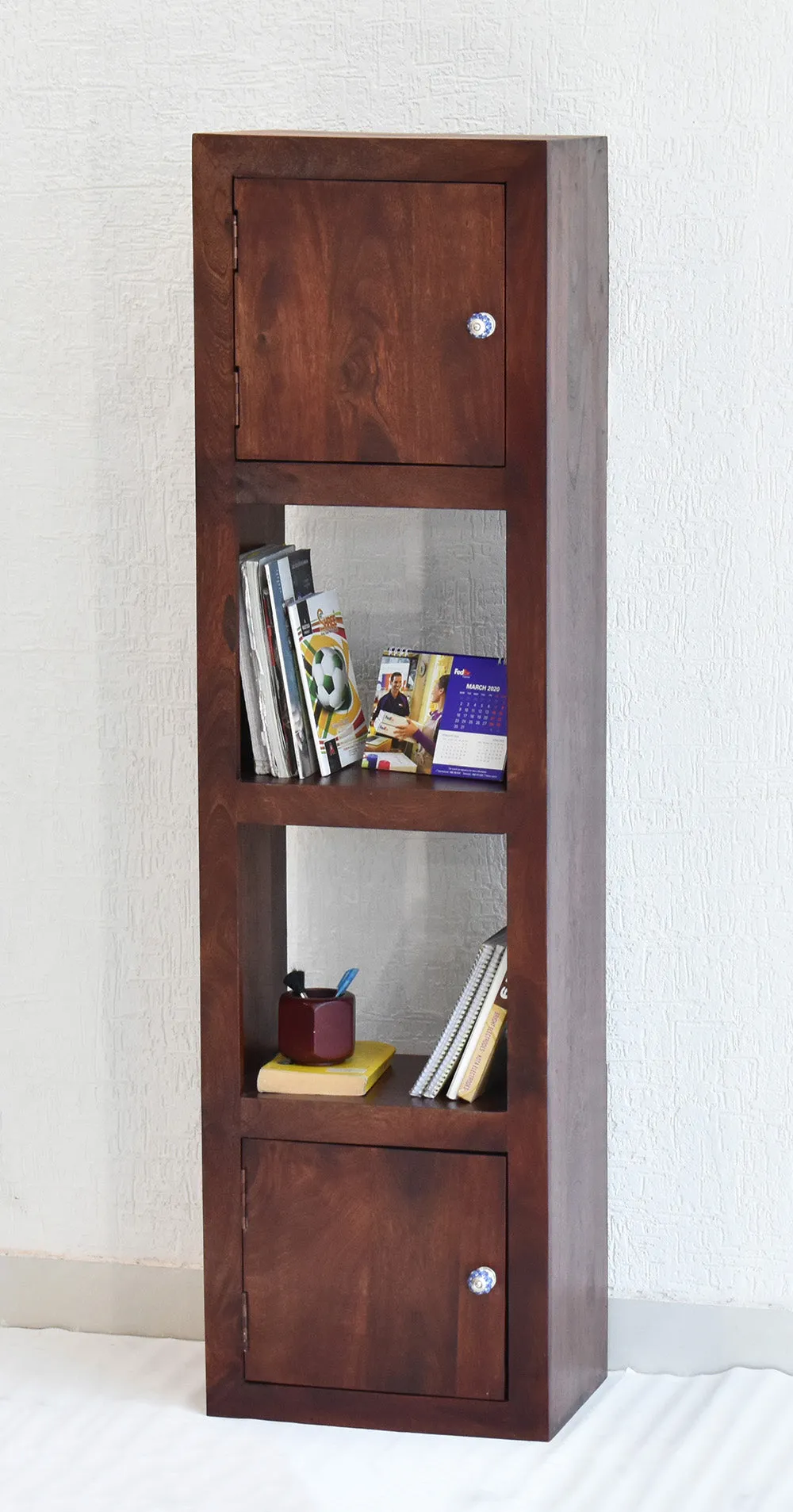 Dark Red Mahagony Wood Multipurpose Partially Closed Floor Bookshelf