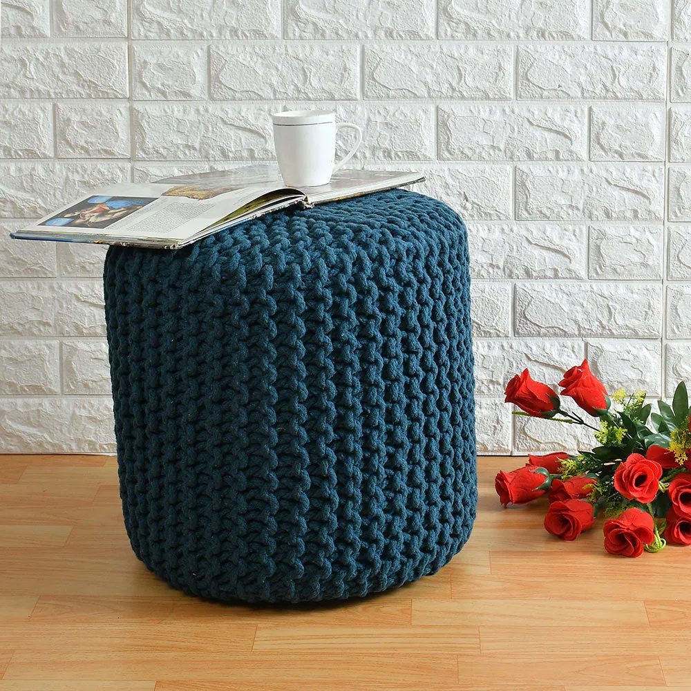 Dark Teal Solid Cotton Knitted Pouffe Single Piece