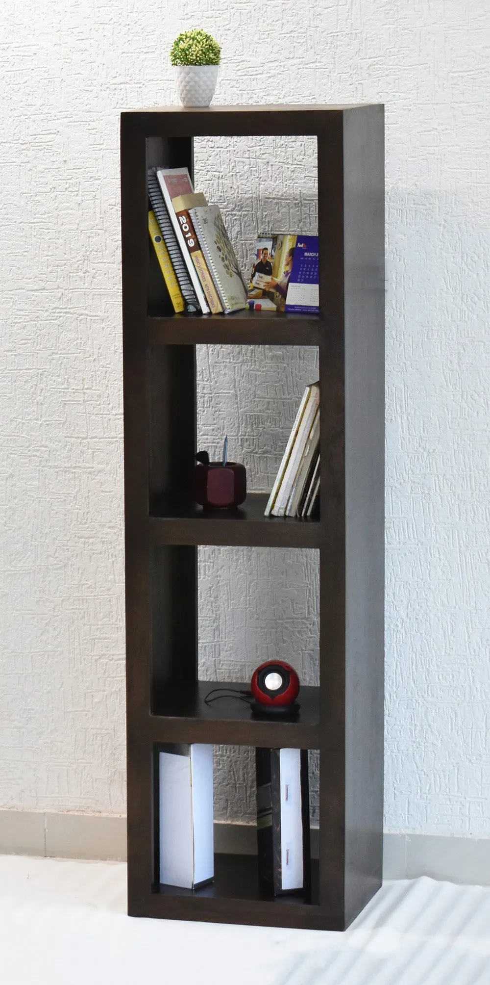 Dark Walnut Wood Multipurpose Four Compartment Floor Bookshelf