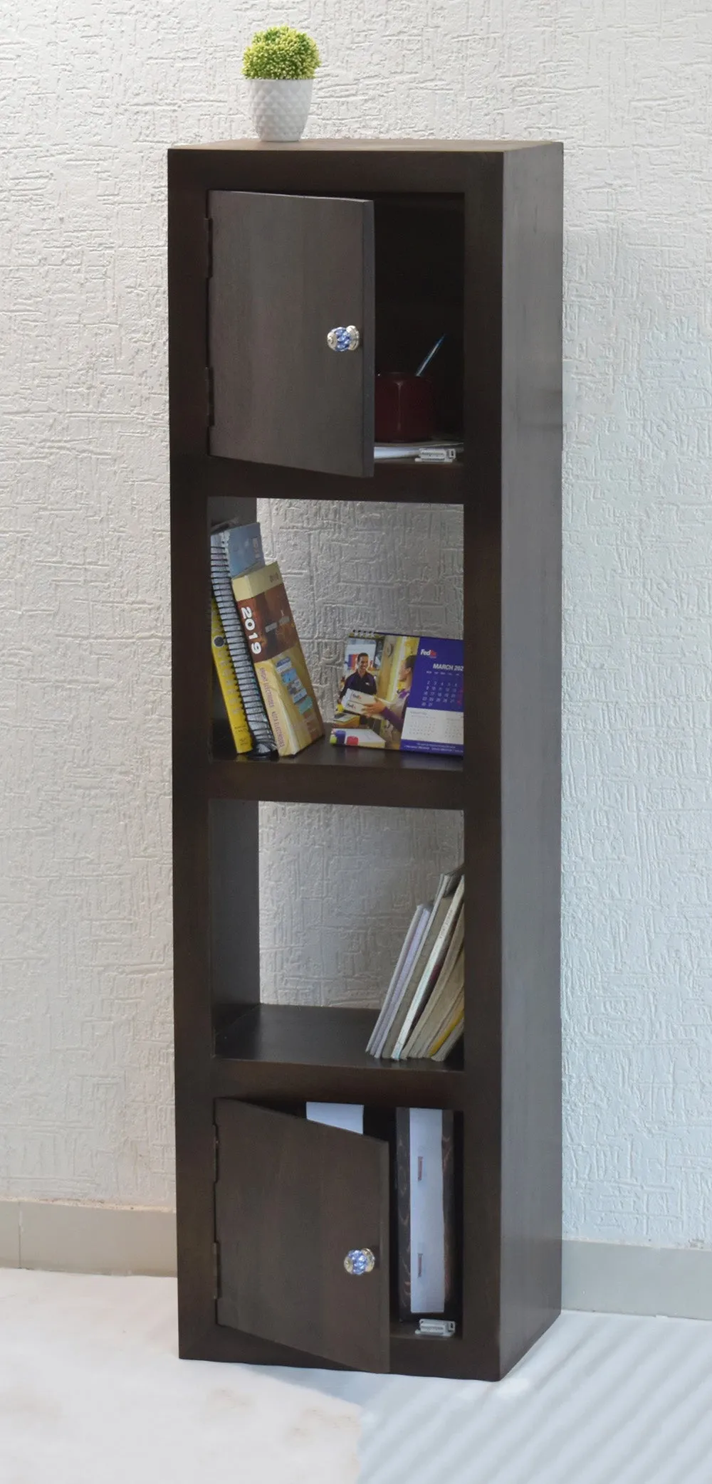 Dark Walnut Wood Multipurpose Partially Closed Floor Bookshelf