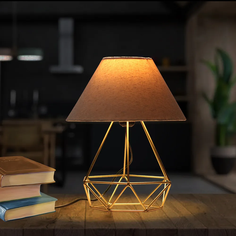 Dazzling Golden Metal Cage Table Lamp With Shade
