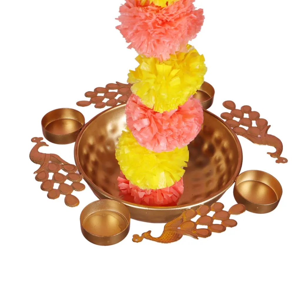 Decoartive Hanging Metal Peacock Urli withTea Light and Garland Set of 6