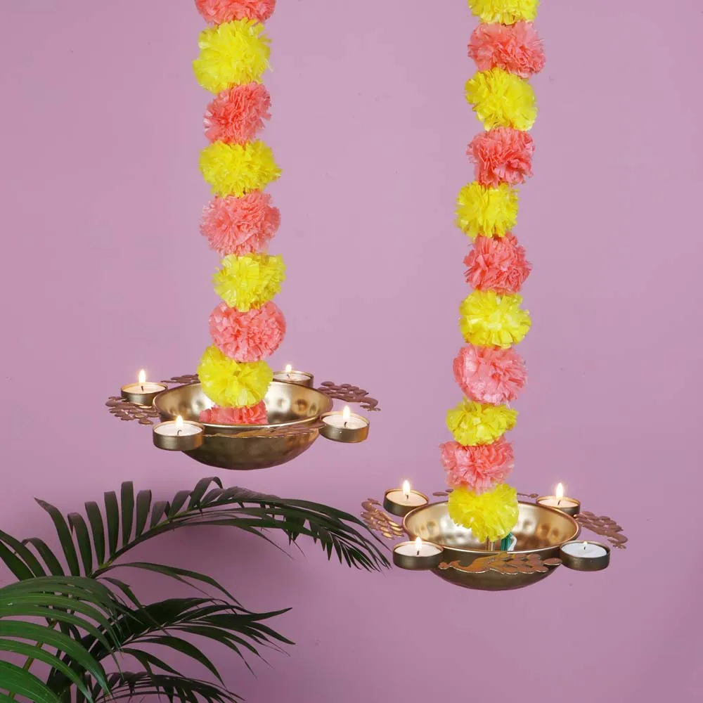 Decoartive Hanging Metal Peacock Urli withTea Light and Garland Set of 6