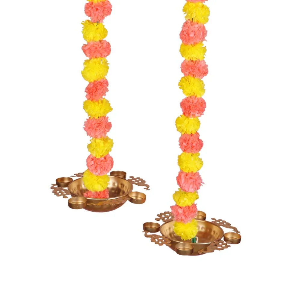 Decoartive Hanging Metal Peacock Urli withTea Light and Garland Set of 6