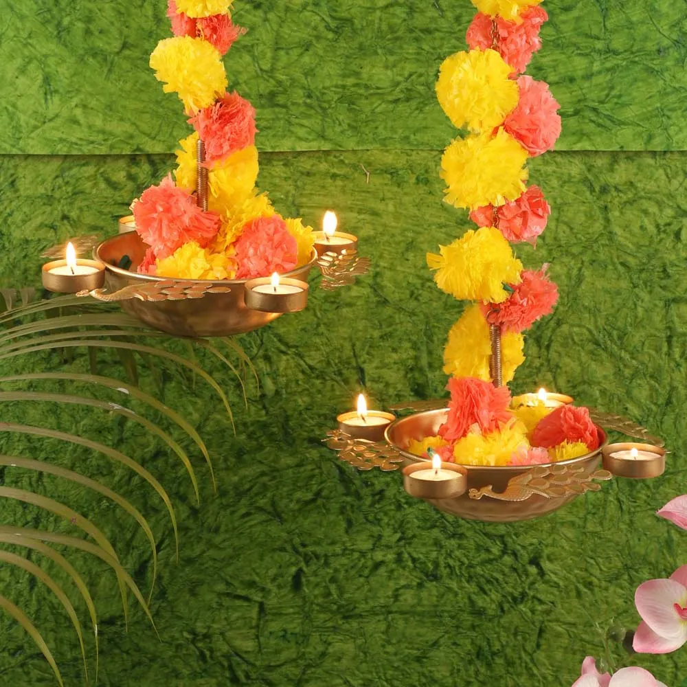 Decoartive Hanging Metal Peacock Urli withTea Light and Garland Set of 6