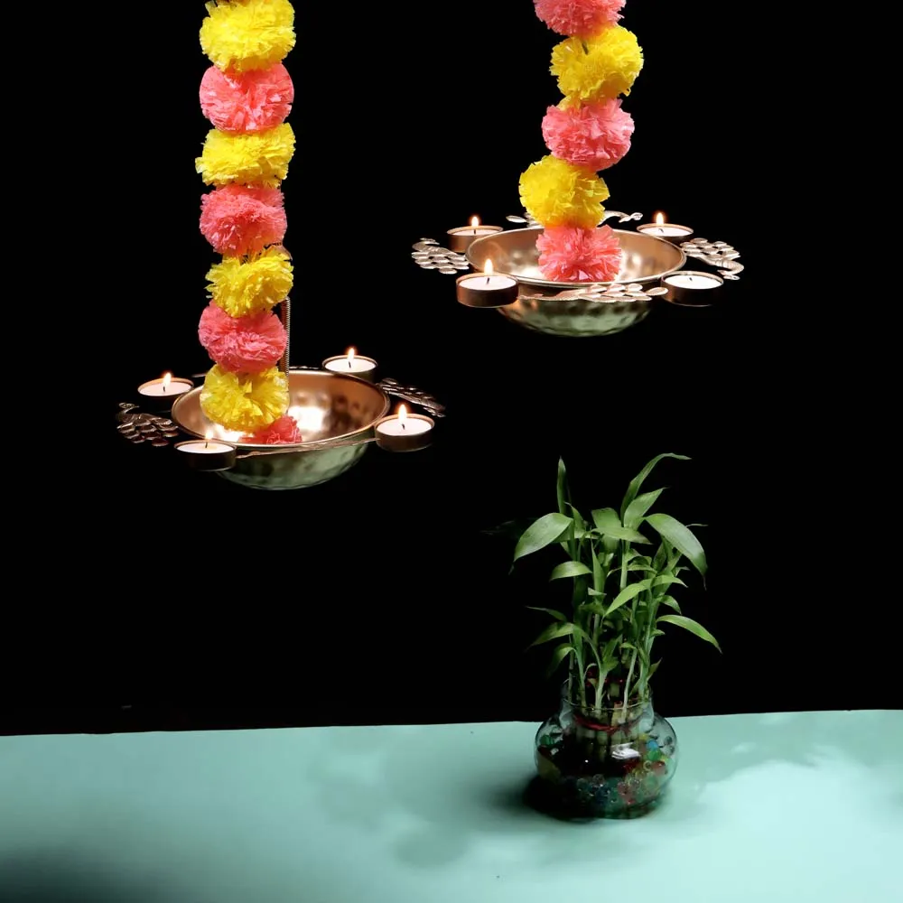 Decoartive Hanging Metal Peacock Urli withTea Light and Garland Set of 6