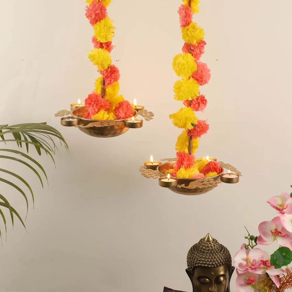 Decoartive Hanging Metal Peacock Urli withTea Light and Garland Set of 6