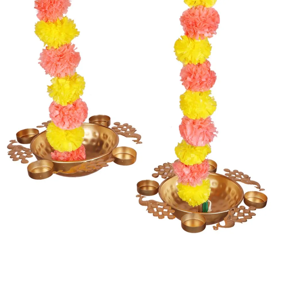Decoartive Hanging Metal Peacock Urli withTea Light and Garland Set of 6