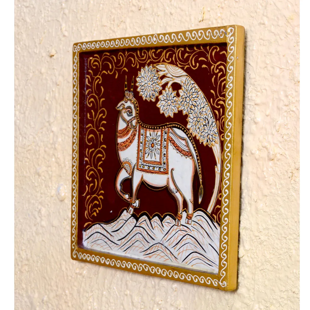 Decorated White Horse Traditional Art Painted Wooden Wall Panel