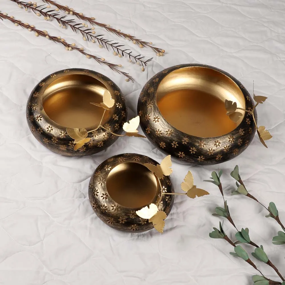 Decorative Black & Gold Metal Urli bowl Set of 3