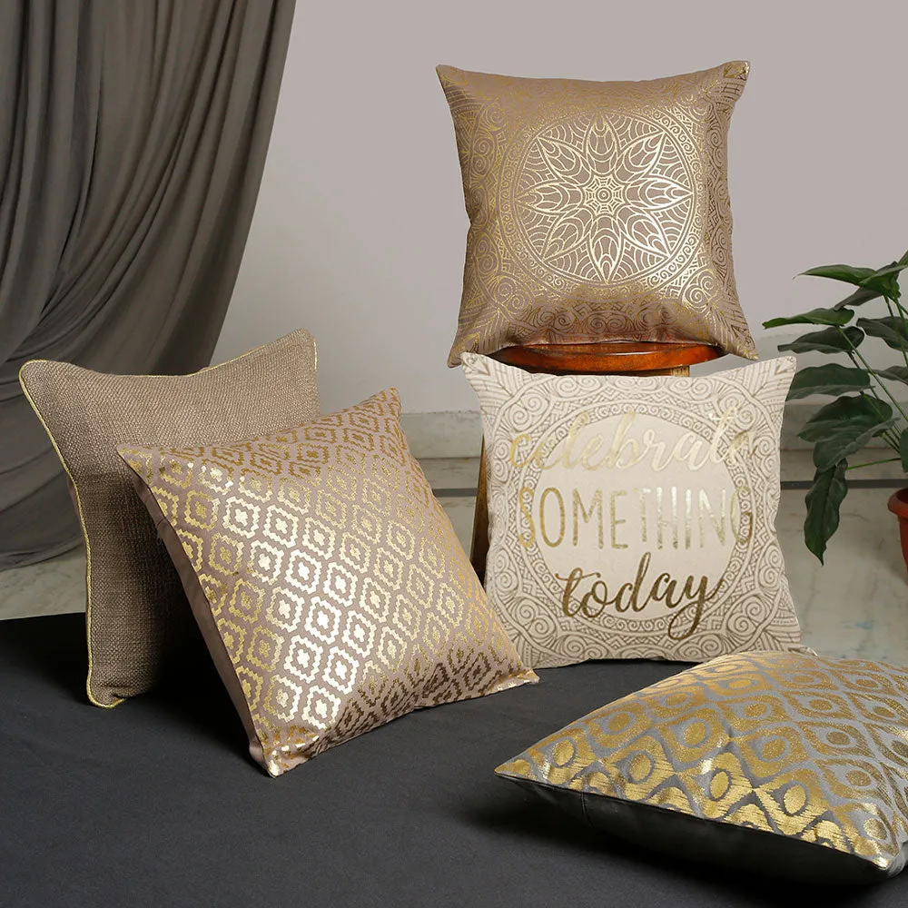 Decorative Foil Print Golden, Off White and Grey 100% Cotton Cushion Covers Set Of 5