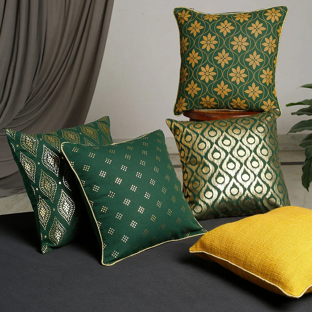 Decorative Golden Foil Print Bottle Green and Yellow 100% Cotton Cushion Covers Set Of 5