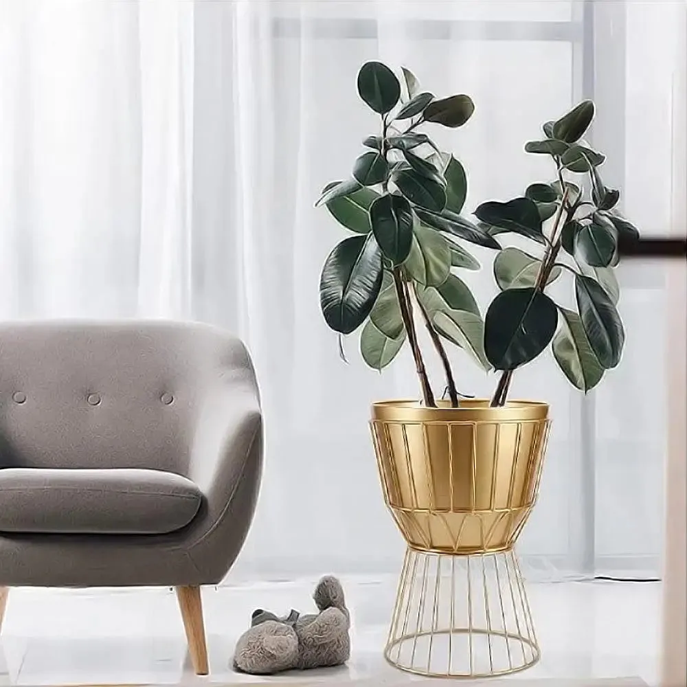 Decorative Metallic Gold Planter Pot with Geometric Sturdy Stand