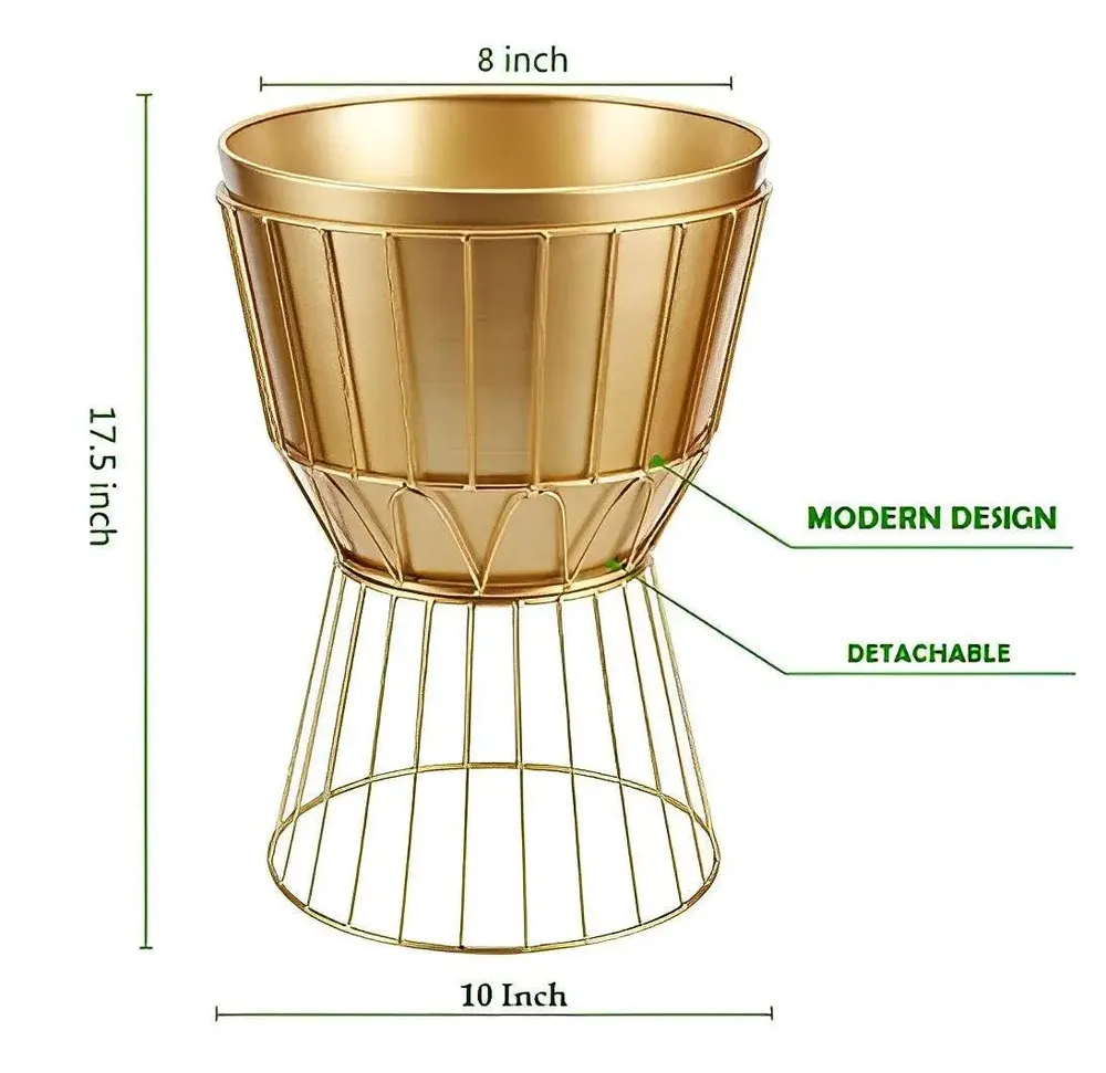 Decorative Metallic Gold Planter Pot with Geometric Sturdy Stand