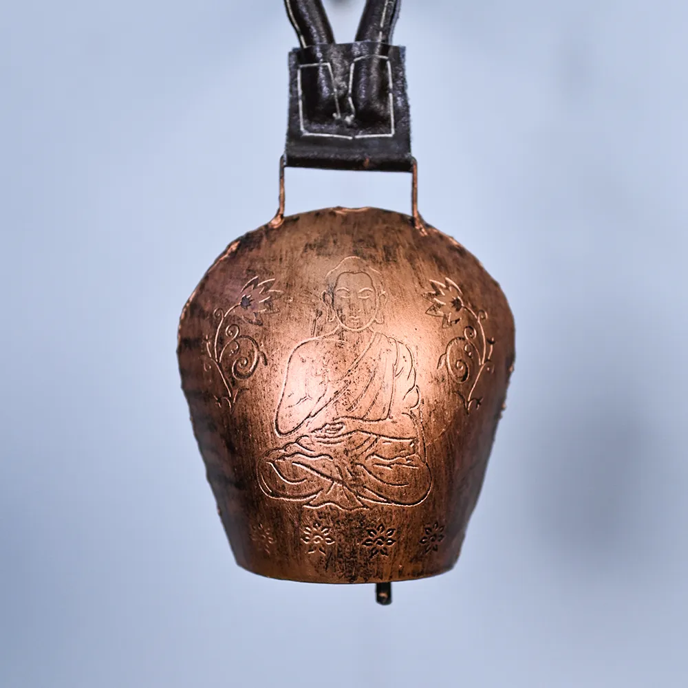 Decorative Rusty Vintage Handmade Buddha Engraved Copper Garden Cow Bell Set Of 1
