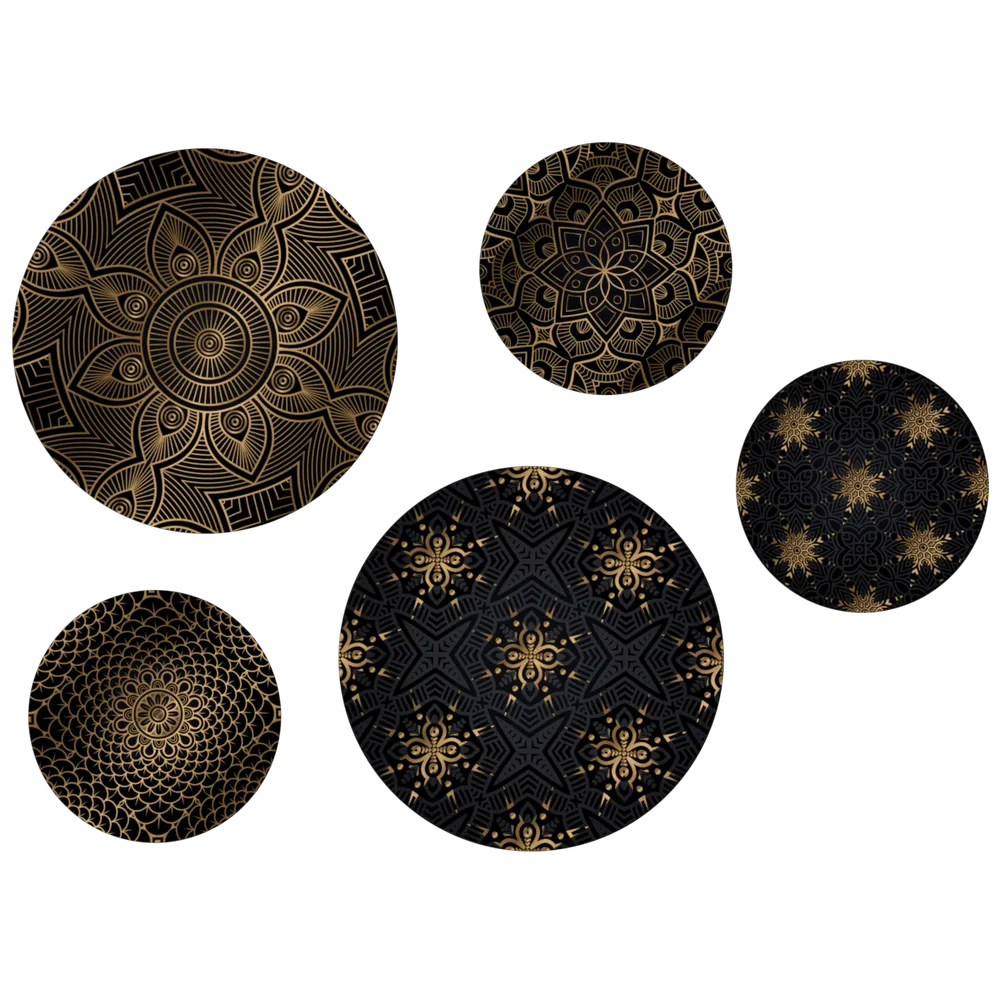 Decorative Wall Plates In Black Golden Abstract Floral Design Set Of 5